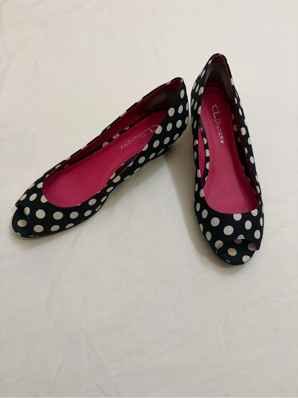 CL by Laundry Black and White Polka Dot Peep-Toe Flats with Pink Insole